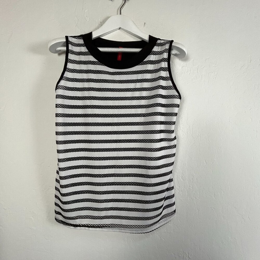 IC By Connie K Womens Striped Black White Sleeveless Tank Top Medium Mesh Detail